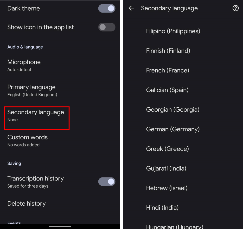 Tap Secondary language and choose a language